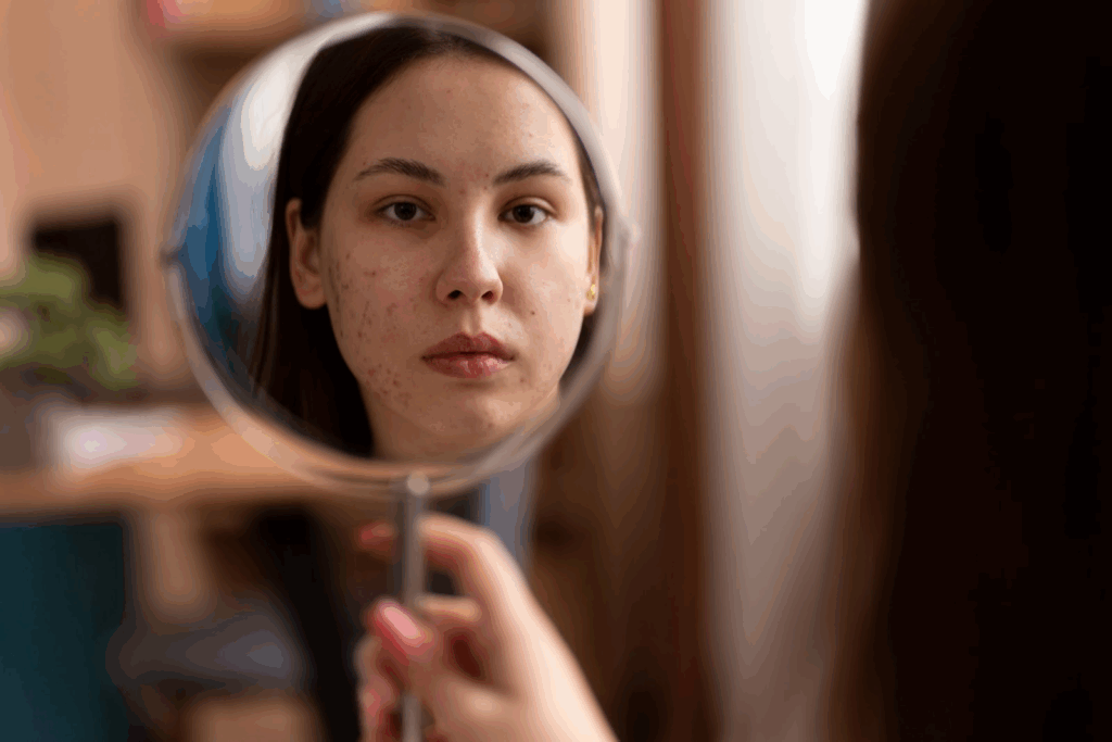 Woman with acne looking at her reflection in the mirror before aesthetic skin treatment