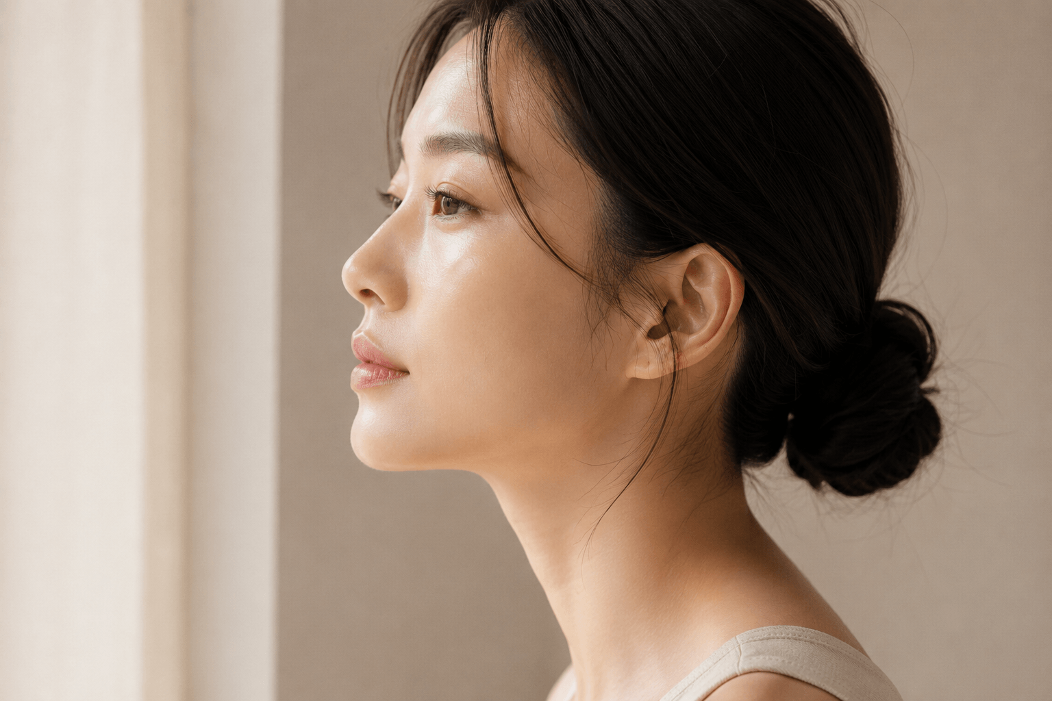 Asian woman in her early 30s with clean dewy skin, calm natural expression, representing proactive skin health