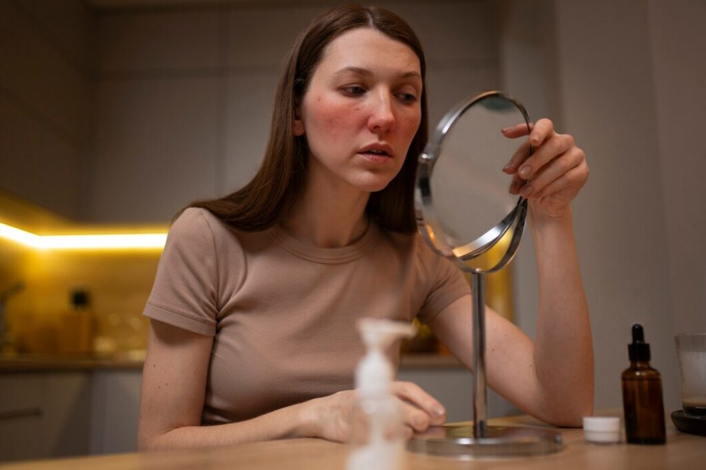 Woman examining hyperpigmentation marks and redness in mirror showing the impact of post-inflammatory skin changes