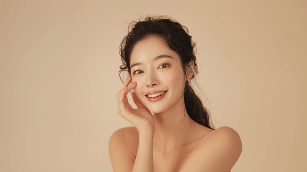 Smiling woman with glowing, clear skin posing against a soft peach background