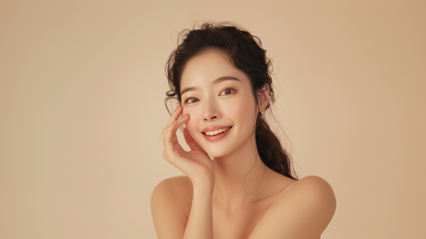 Smiling woman with glowing, clear skin posing against a soft peach background