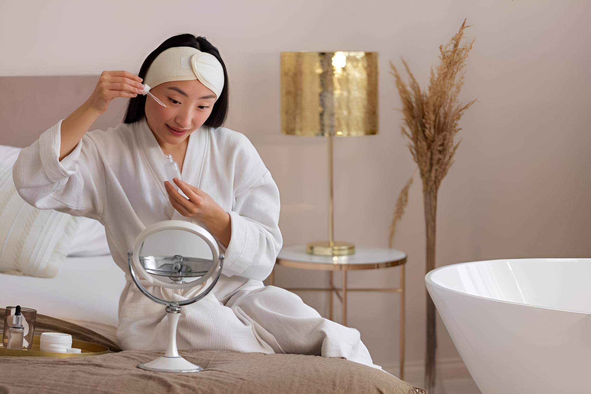 korean woman applying skincare