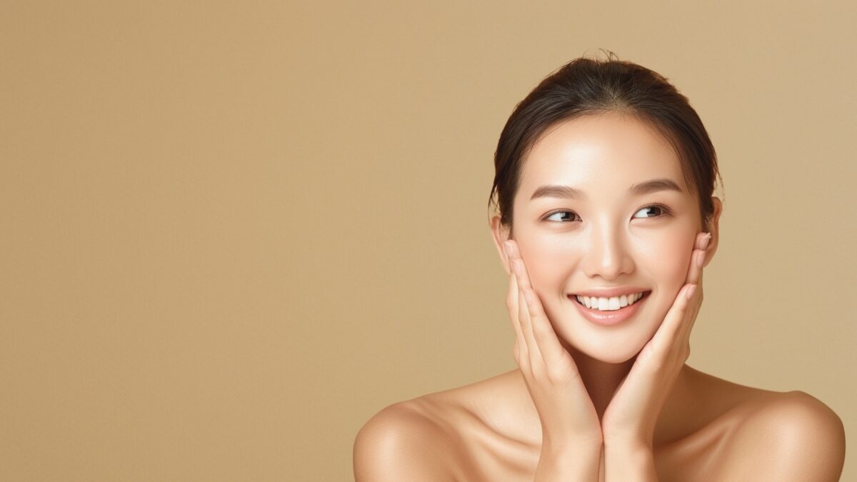 beautiful girl holding her face